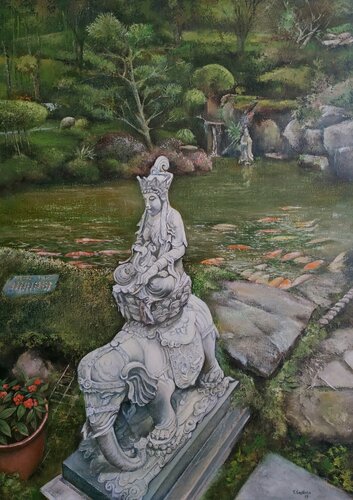 Garden in Yuan-Dao Guanyin temple by Tomás Castaño, Painting for Sale on Select