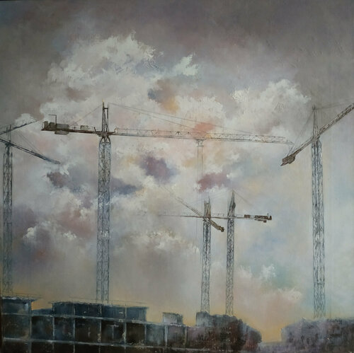 Nubes y grúas by Tomás Castaño, Painting for Sale on Select
