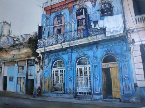 La casa azul- Habana vieja by Tomás Castaño, Painting for Sale on Select