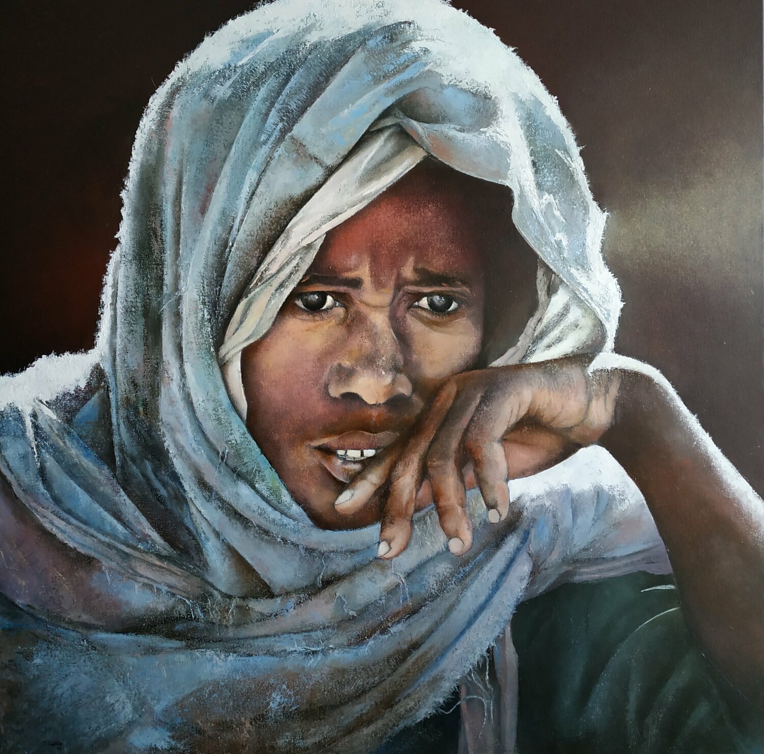 Mujer Etiope en actitud contemplativa Tomás Castaño Original painting for sale
