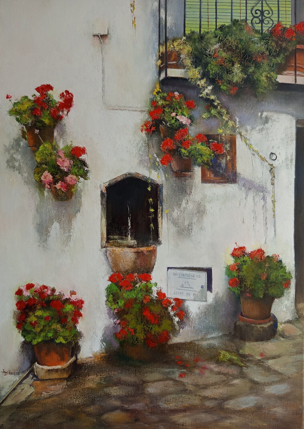 Rincón de los geranios- Las Alpujarras- Granada Tomás Castaño Original painting for sale