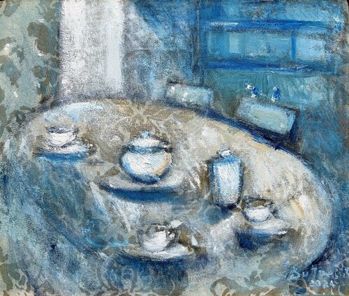 tazze bianche e cassetti bleu by Simone Butturini, Painting for Sale on Select