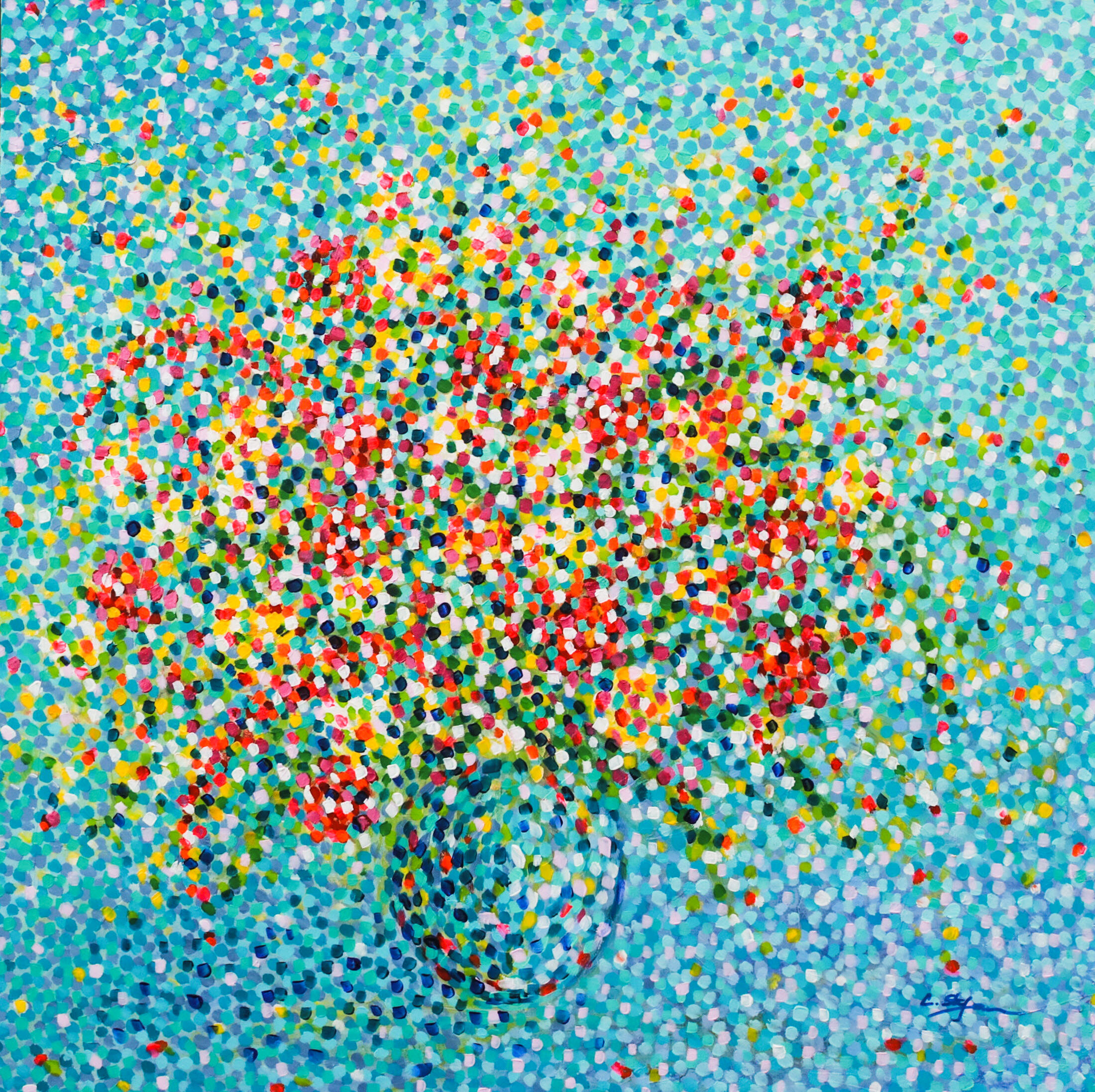 Bouquet de fleurs dans un vase - Peinture Pointillisme Originale | Art Floral