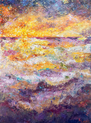 Paysage marin abstrait au coucher du soleil en Espagne by Cristina Stefan, Painting for Sale on Select