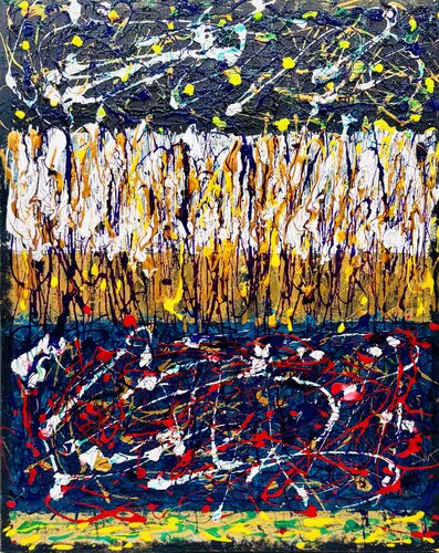"Niveaux de perception" - Hommage à Jackson Pollock | Peinture Abstraite colorée à bandes horizontales by Cristina Stefan, Painting for Sale on Select