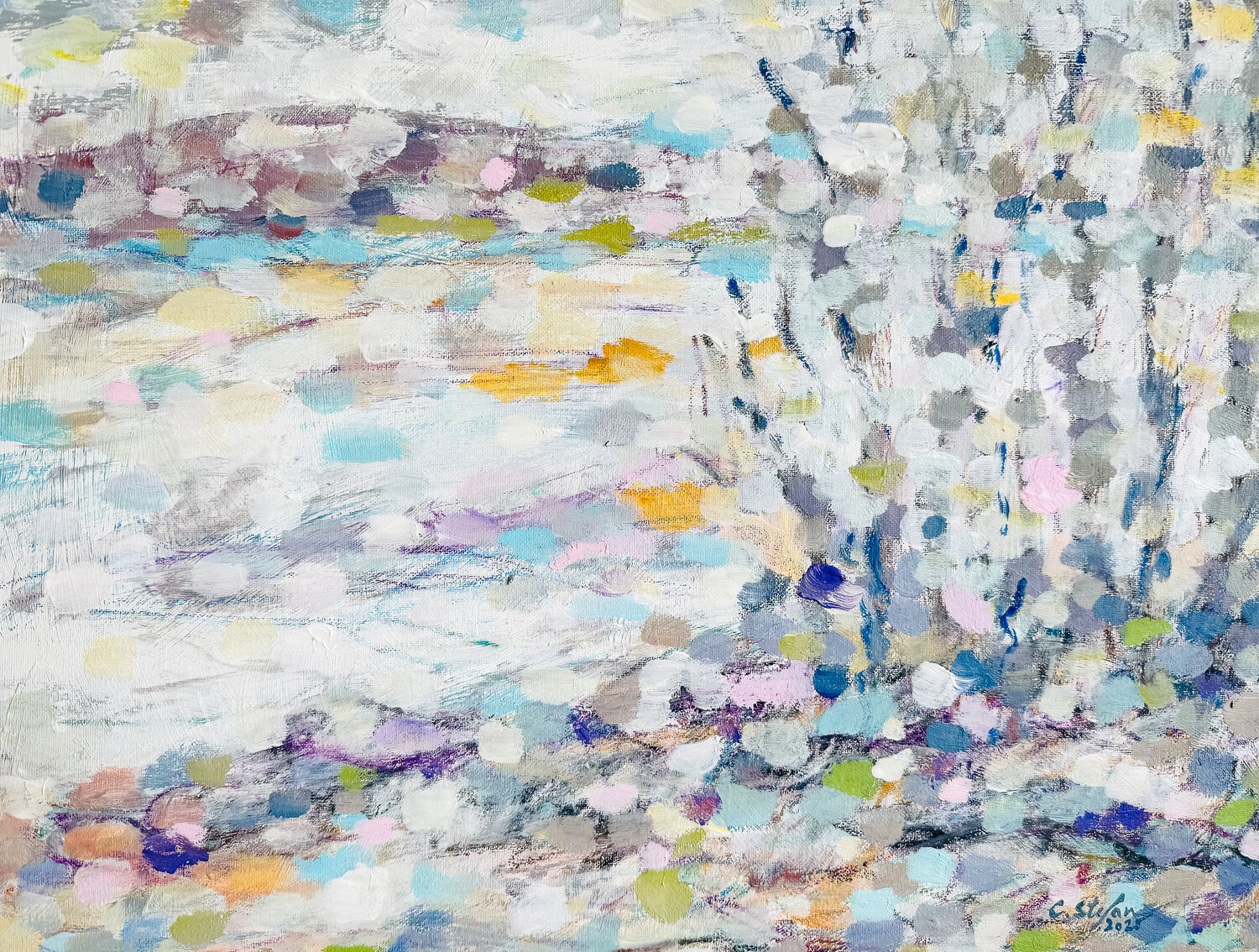 Entre deux saisons - Paysage Abstrait Impressionniste Cristina Stefan Original painting for sale