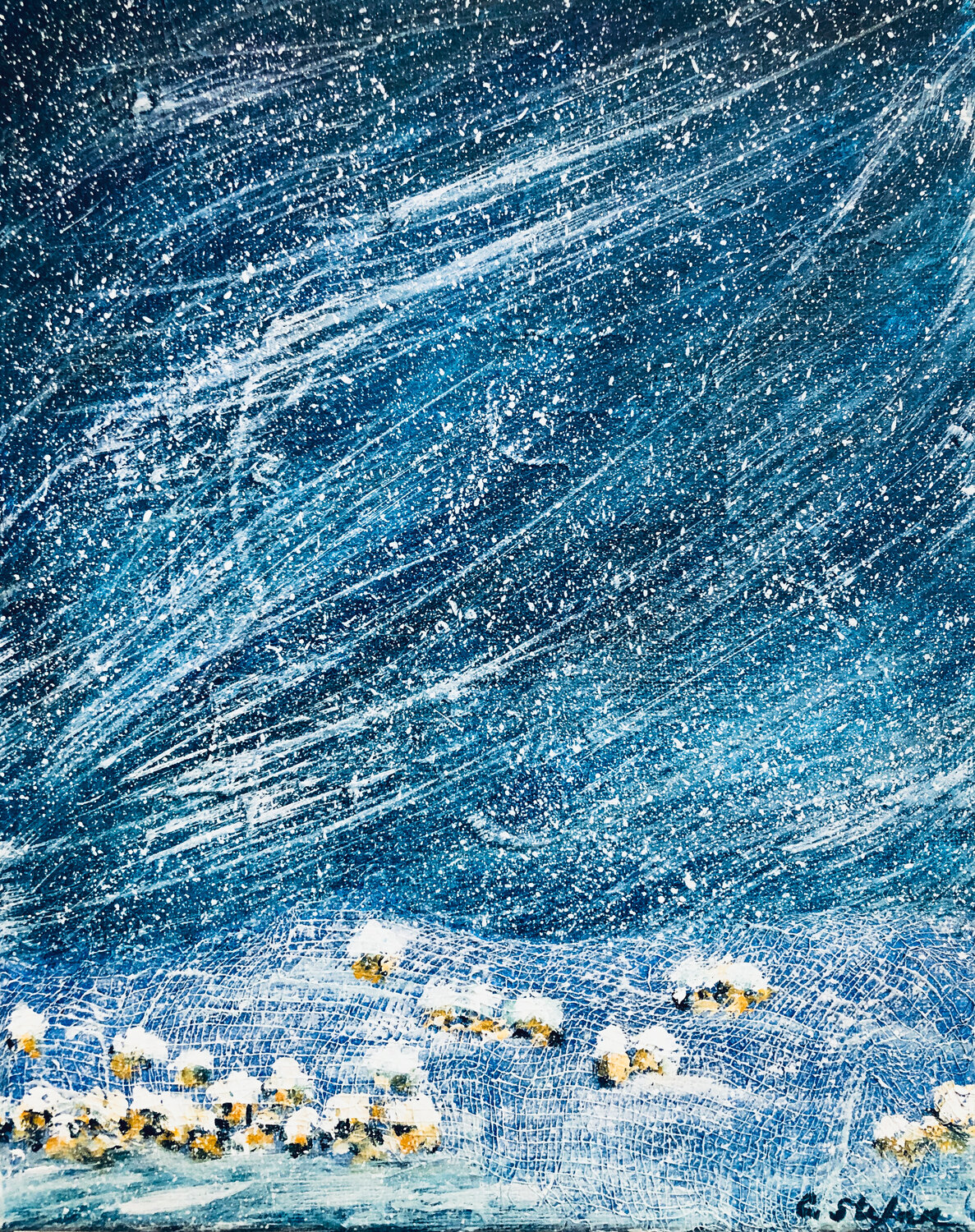 Village sous la Neige - Art Contemporain | Paysage hivernal Cristina Stefan Original painting for sale