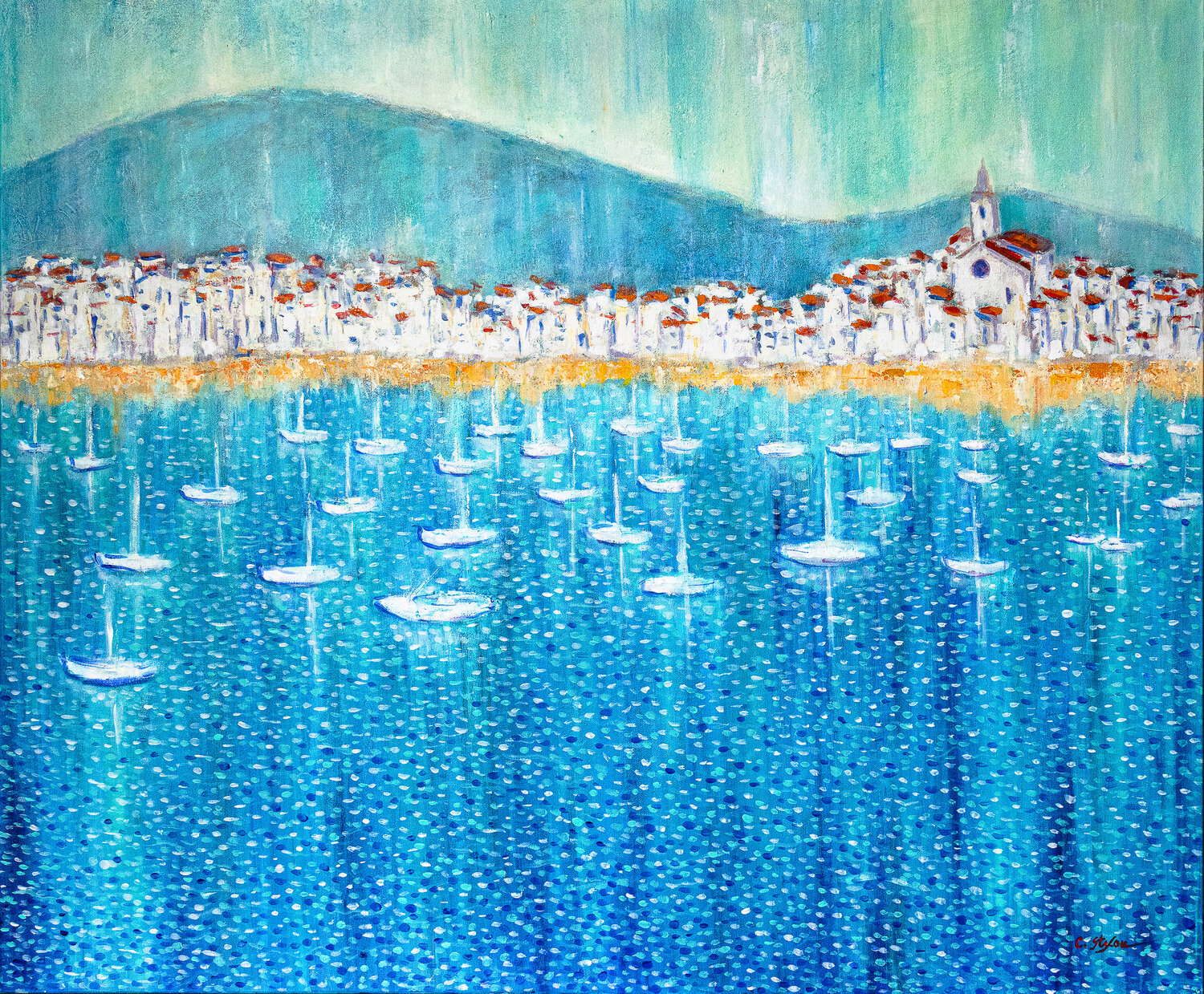 Les Bateaux de Cadaqués - Paysage Marin | Art Contemporain Cristina Stefan Original painting for sale