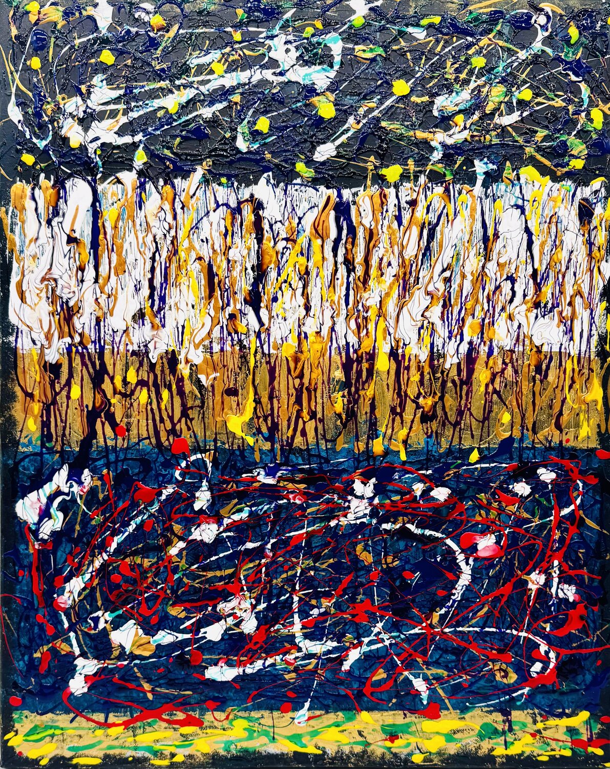 "Niveaux de perception" - Hommage à Jackson Pollock | Peinture Abstraite colorée à bandes horizontales Cristina Stefan Original painting for sale