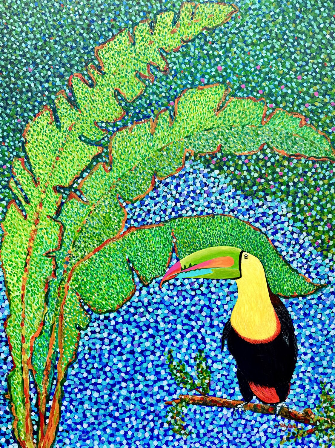 Paradis Tropical avec Toucan - Art Contemporain | Peinture Pointilliste d'Oiseau Cristina Stefan Original painting for sale