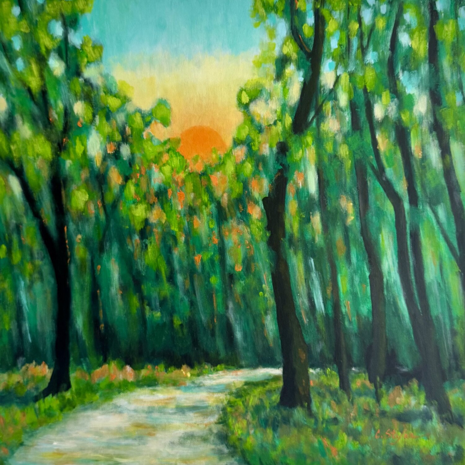 Balade en forêt | Paysage Lumineux au Coucher du Soleil Cristina Stefan Original painting for sale