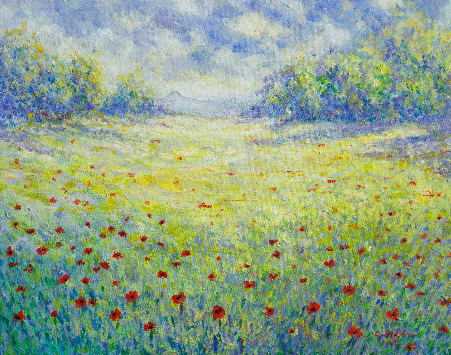 Champ de Coquelicots sous le Soleil d'Été - Paysage Impressionniste Cristina Stefan Original painting for sale