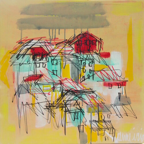 La petite ville beige sous la pluie by Anne Iris, Painting for Sale on Select