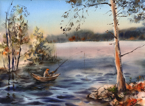 Fishing on Lake by Sophia Rodionov, Painting for Sale on Select