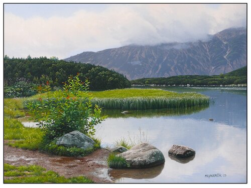On the shore of a mountain lake by Emil Mlynárčik, Painting for Sale on Select