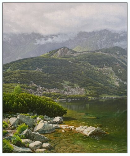 On the shore of a mountain lake by Emil Mlynárčik, Painting for Sale on Select