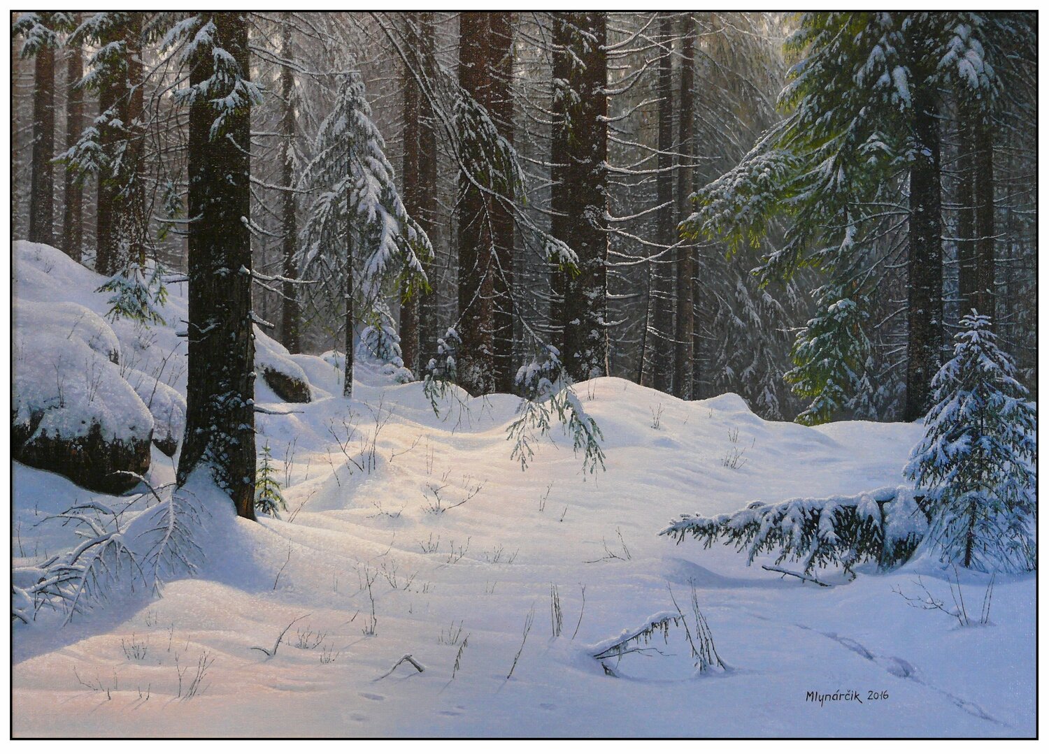 Winter in the spruce forest Emil Mlynárčik Original painting for sale