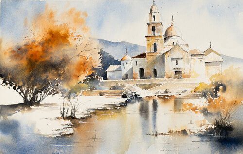 "Whispers of Time: A Church's Tale in Watercolor" by Yuriy Kraft, Painting for Sale on Select