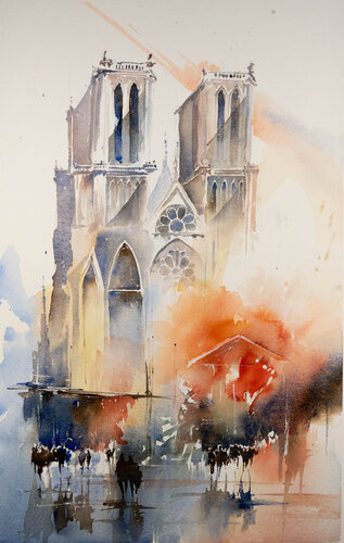 "Flowing Impressions: The Dynamics of Notre-Dame" by Yuriy Kraft, Painting for Sale on Select