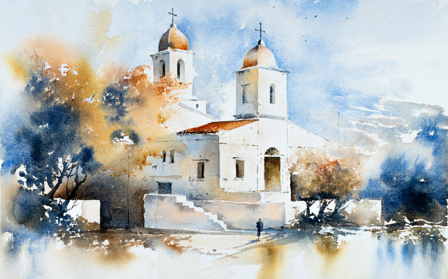 A Peaceful Sanctuary: A Watercolor Church Landscape Yuriy Kraft Original painting for sale