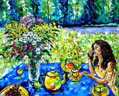 Die Frau am Gartentisch by Mirek Kuzniar, Painting for Sale on Select