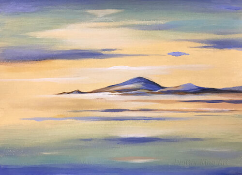 Summer Morning - minimalist abstract landscape, blue beige calming painting by Dmitry King, Painting for Sale on Select
