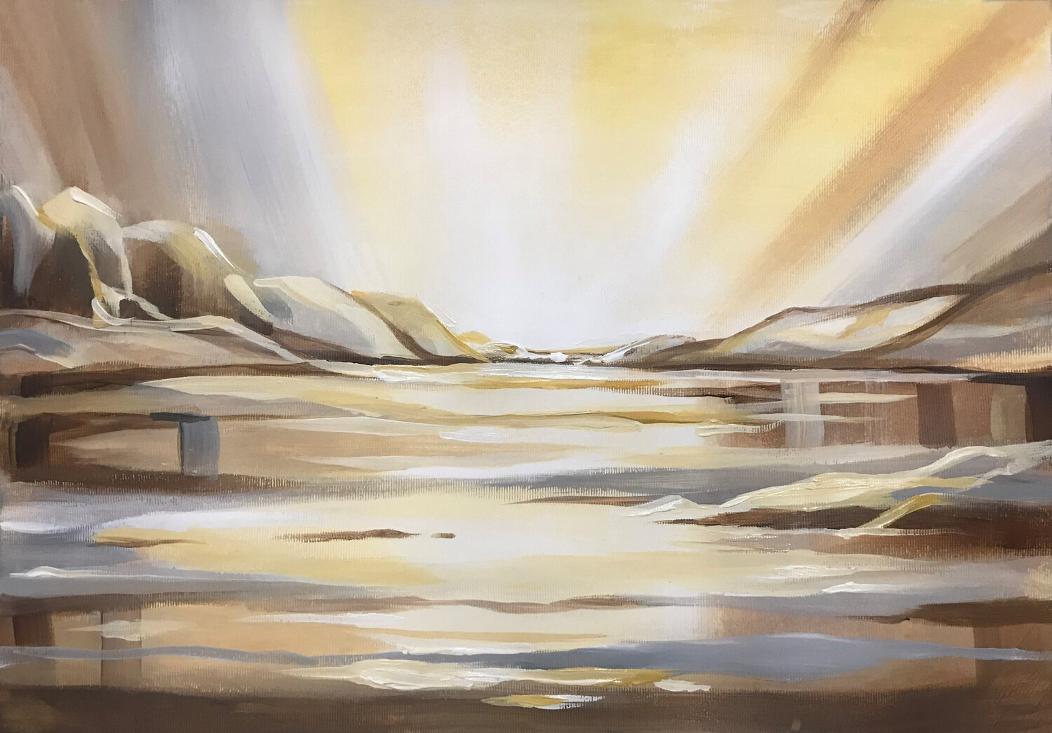 Golden Stillness - beige gray abstract summer landscape Dmitry King Original painting for sale