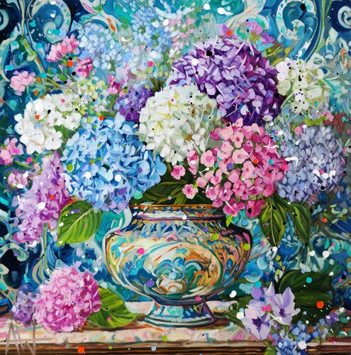 Harmony in Blue - Hydrangeas in a Vase by Angie Wright, Painting for Sale on Select