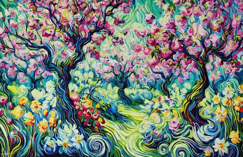The Midnight Orchard - Cherry Tree Landscape by Angie Wright, Painting for Sale on Select