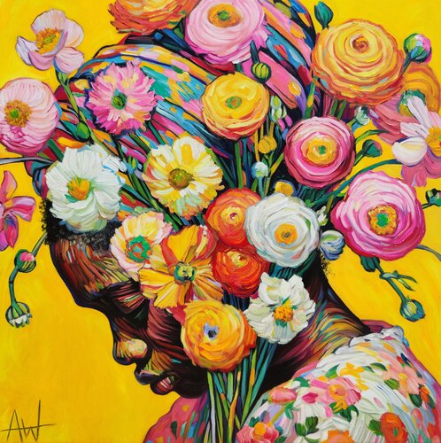 A Head Full of Flowers - Vibrant Portrait in Yellow by Angie Wright, Painting for Sale on Select