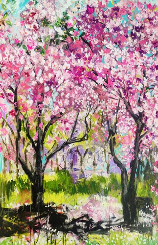 A Walk in the Park - Large Artwork, Van Gogh Inspired Cherry Blossom Trees by Angie Wright, Painting for Sale on Select