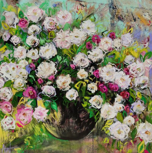 Summer Rose Cascade – Oil Painting of Pink and White Flowers in a Garden by Angie Wright, Painting for Sale on Select