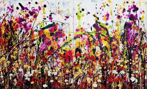Buttercup Bloomrush - Abstract Floral Landscape inspired by Jackson Pollock by Angie Wright, Painting for Sale on Select