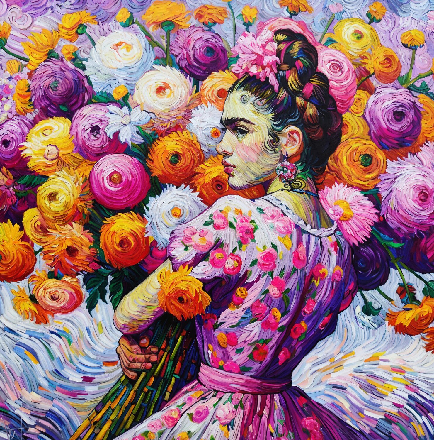 Xochi in Bloom - Floral Portrait in Lilac Angie Wright Original painting for sale