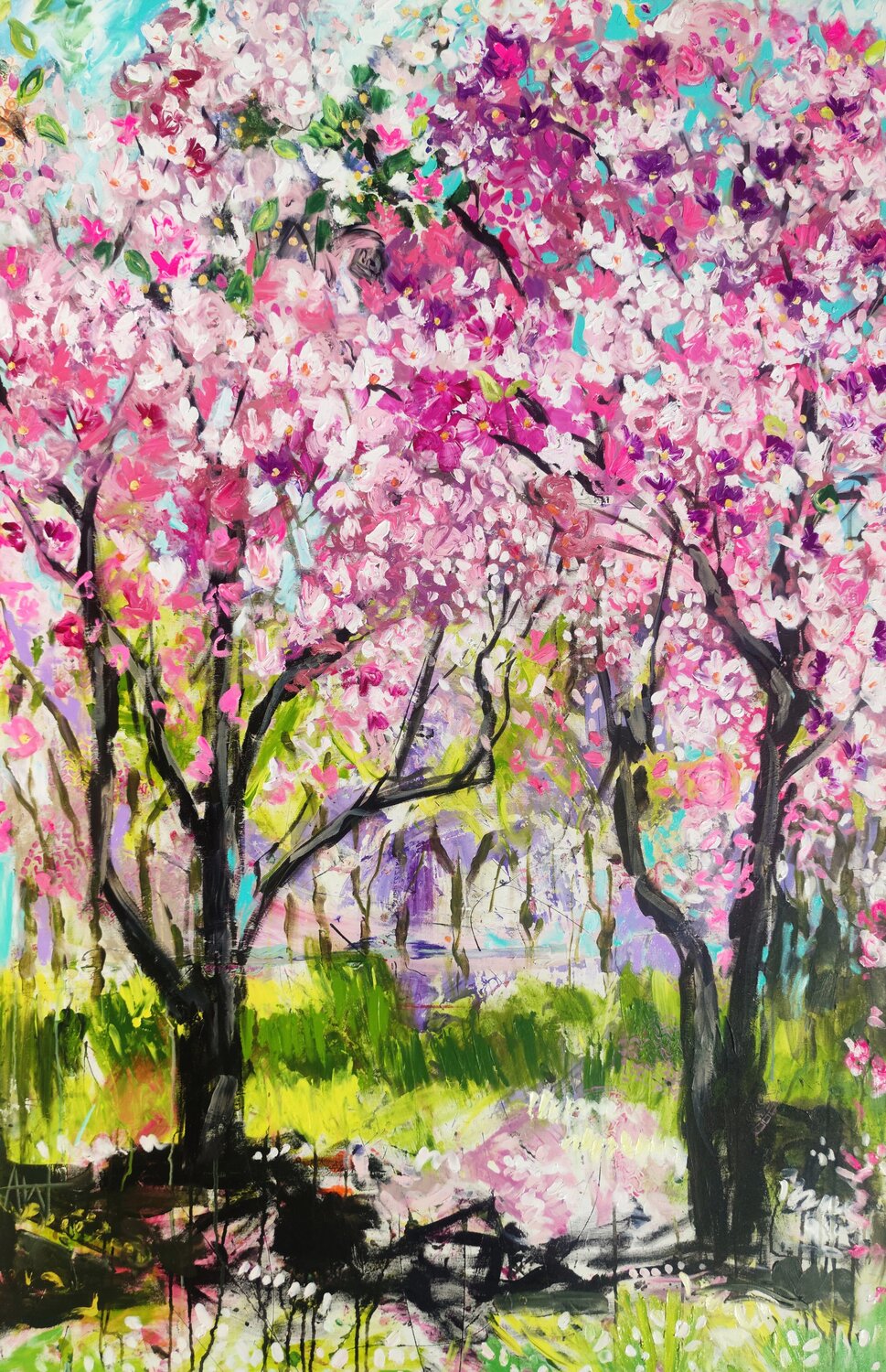 A Walk in the Park - Large Artwork, Van Gogh Inspired Cherry Blossom Trees Angie Wright Original painting for sale