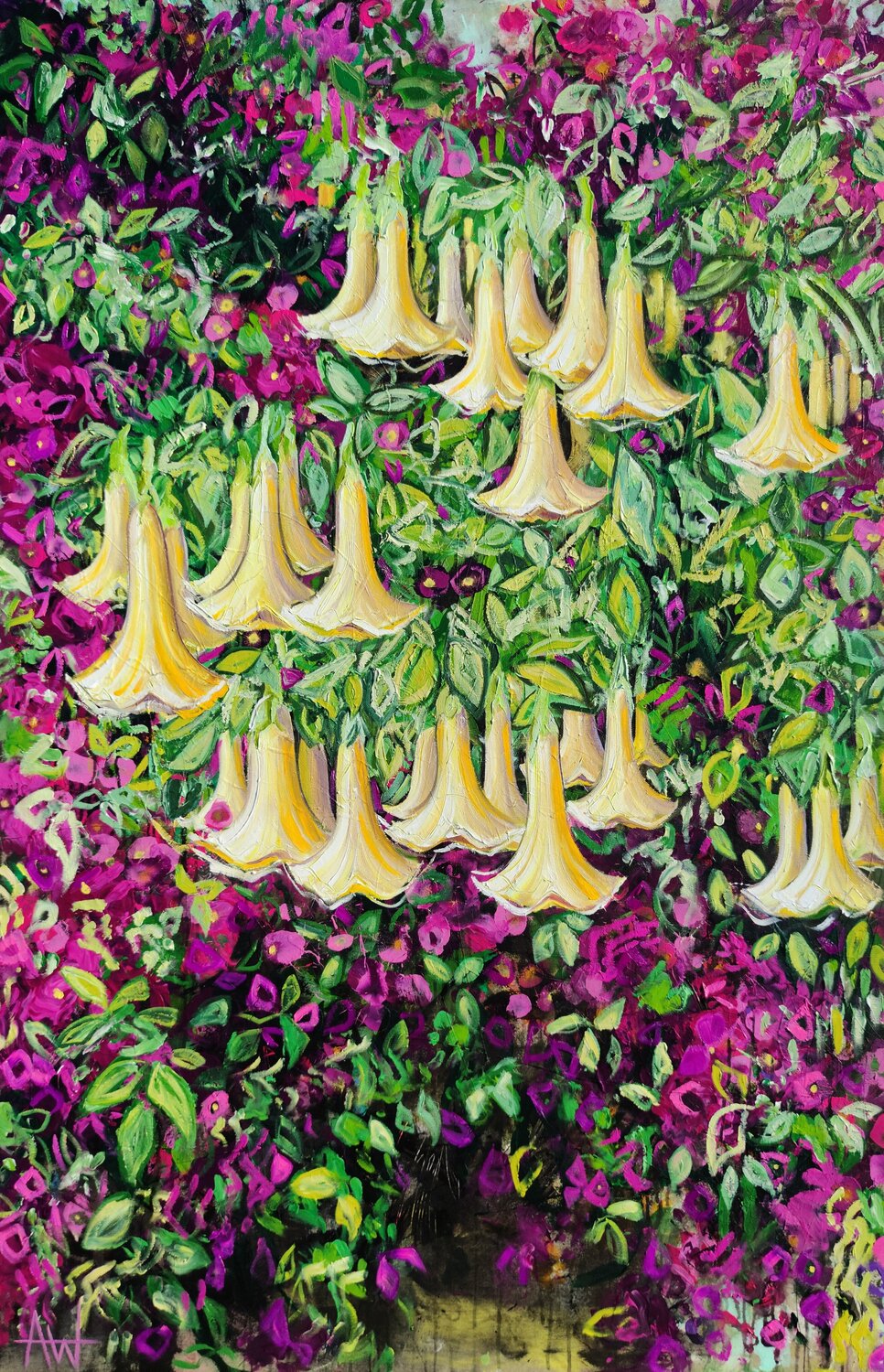 Bellflowers and Bougainvillea - Large Vibrant Floral Artwork Angie Wright Original painting for sale