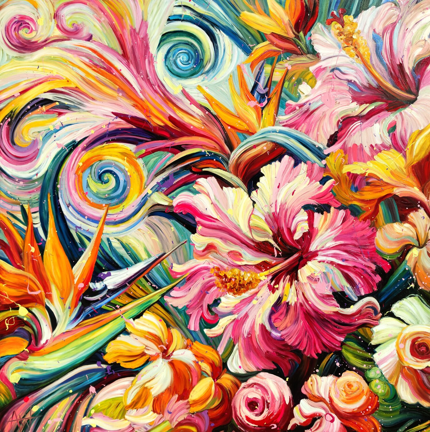 Sweet Havana - Tropical Flower Landscape in Pink Angie Wright Original painting for sale