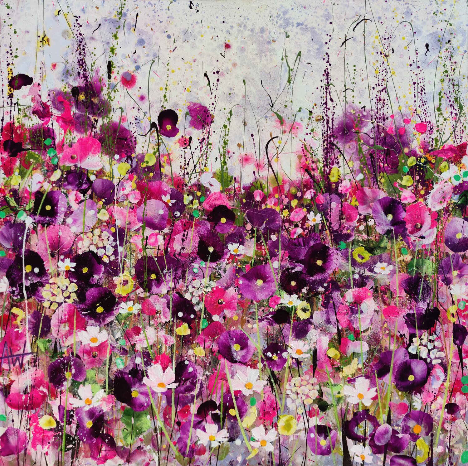 where love grows wild -  Pink Flower Meadow Landscape Angie Wright Original painting for sale