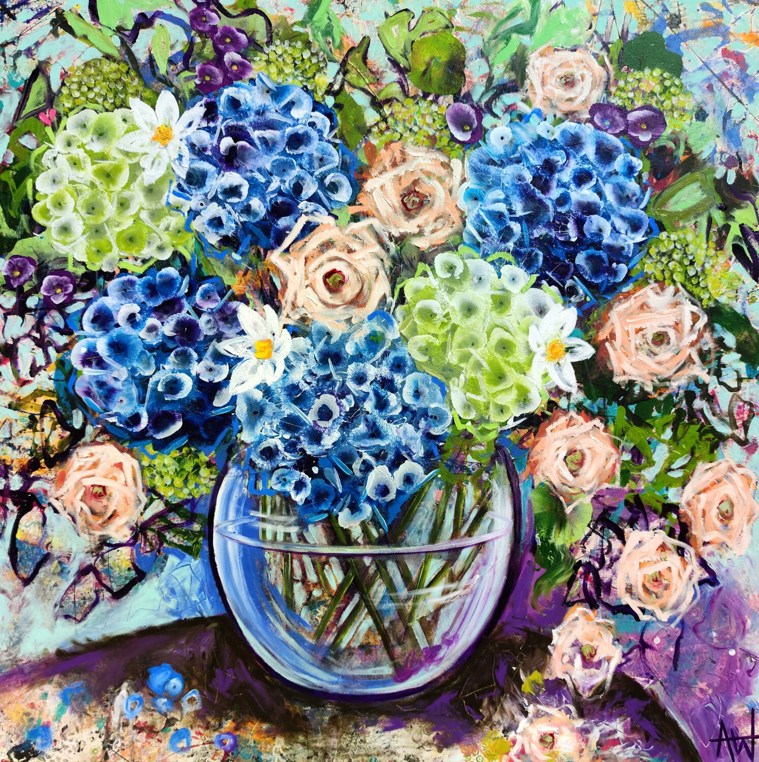 The Dutch Garden - Blue Hydrangeas and Roses Flowers Angie Wright Original painting for sale