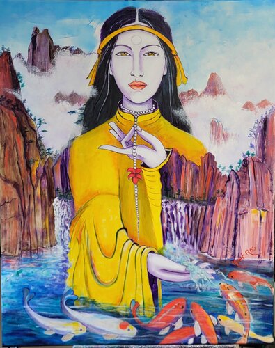 Déesse aux carpes koï by Mahé Ros, Painting for Sale on Select