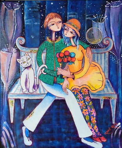 Amoureux au chat blanc by Mahé Ros, Painting for Sale on Select