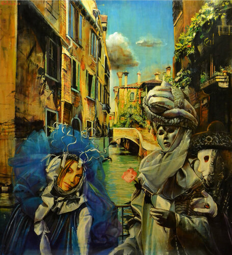 Mascaras Venezianas en el puente  ( El Galanteo ) von Marco Ortolan, Malerei kaufen auf Select