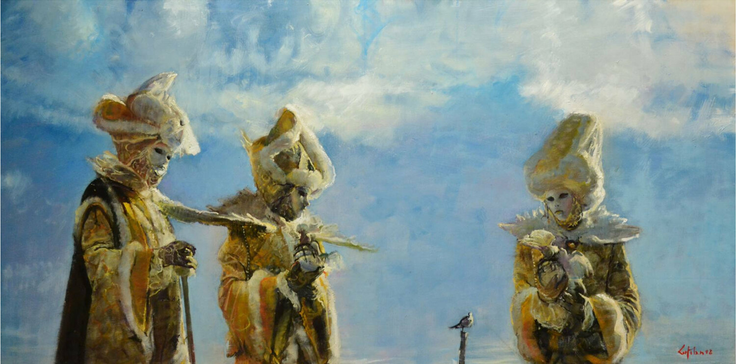 Tres mascaras y un cielo azul Marco Ortolan Originalgemälde zu verkaufen