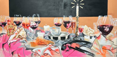 Table dance of glasses 2 by Anjuta Schneider, Painting for Sale on Select