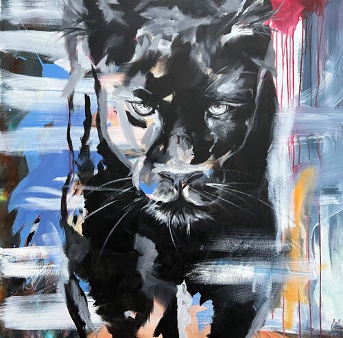 Black panther on the finishing line by Anjuta Schneider, Painting for Sale on Select