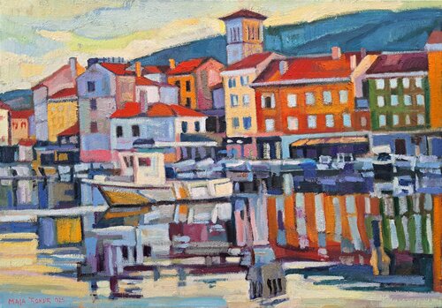 Sunset in a calm harbor by Maja Đokić Mihajlović, Painting for Sale on Select