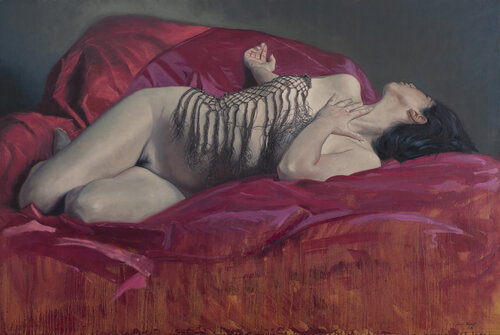 Mujer sobre telas rojas 2 by Juan Manuel Alvarez Cebrián, Painting for Sale on Select