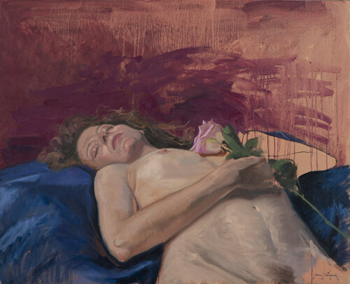 Mujer tumbada con rosa by Juan Manuel Alvarez Cebrián, Painting for Sale on Select