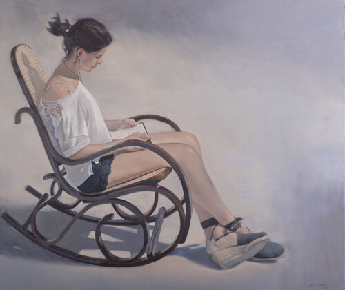 mujer leyendo en una mecedora by Juan Manuel Alvarez Cebrián, Painting for Sale on Select