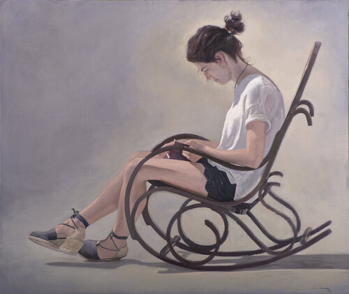 mujer leyendo en una mecedora II by Juan Manuel Alvarez Cebrián, Painting for Sale on Select